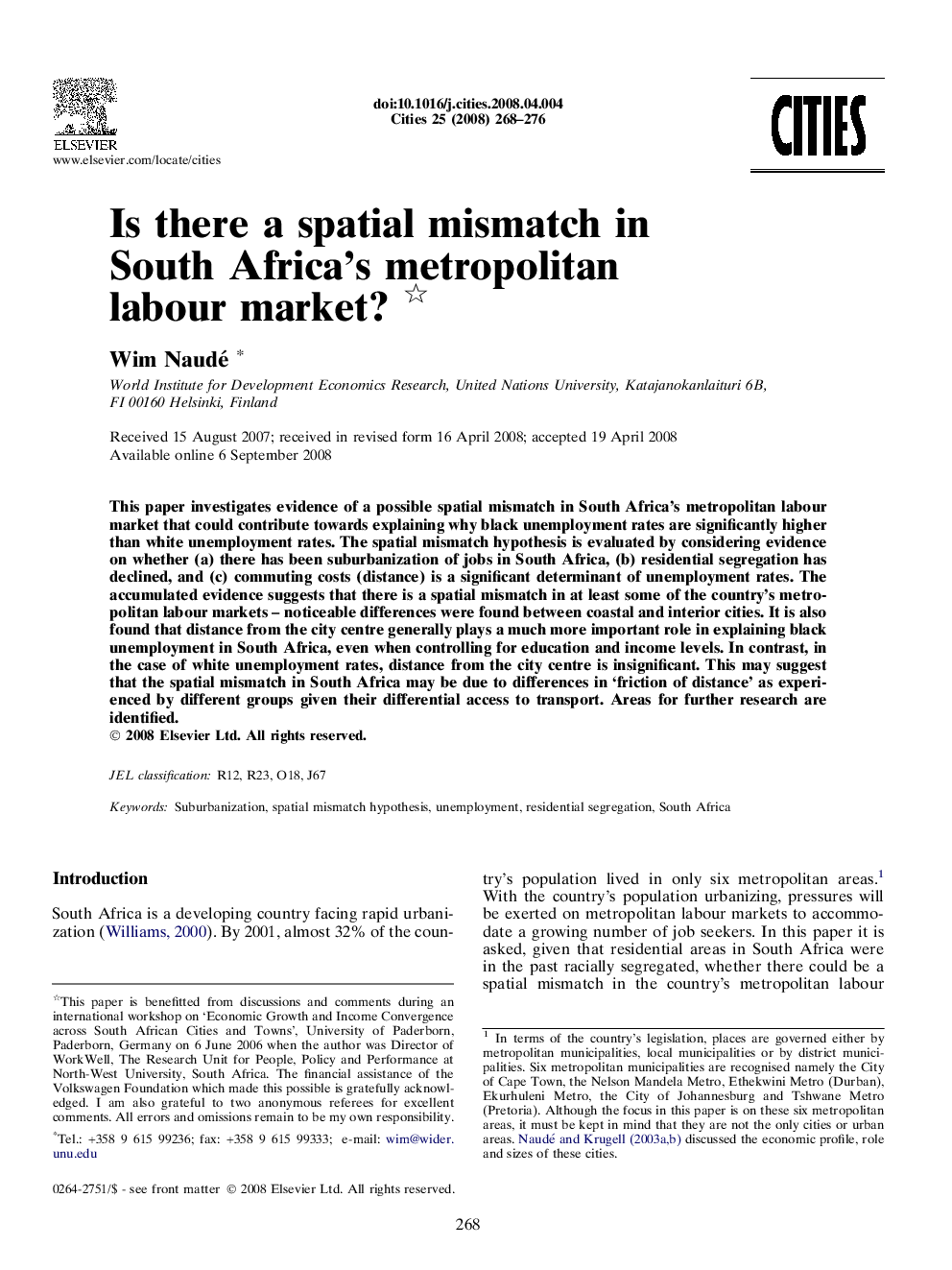 Is there a spatial mismatch in South Africa’s metropolitan labour market? 