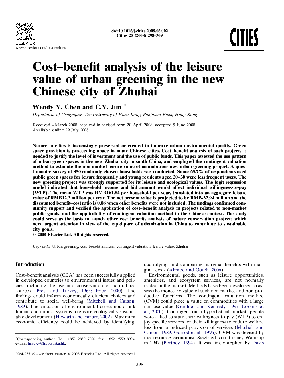 Cost–benefit analysis of the leisure value of urban greening in the new Chinese city of Zhuhai