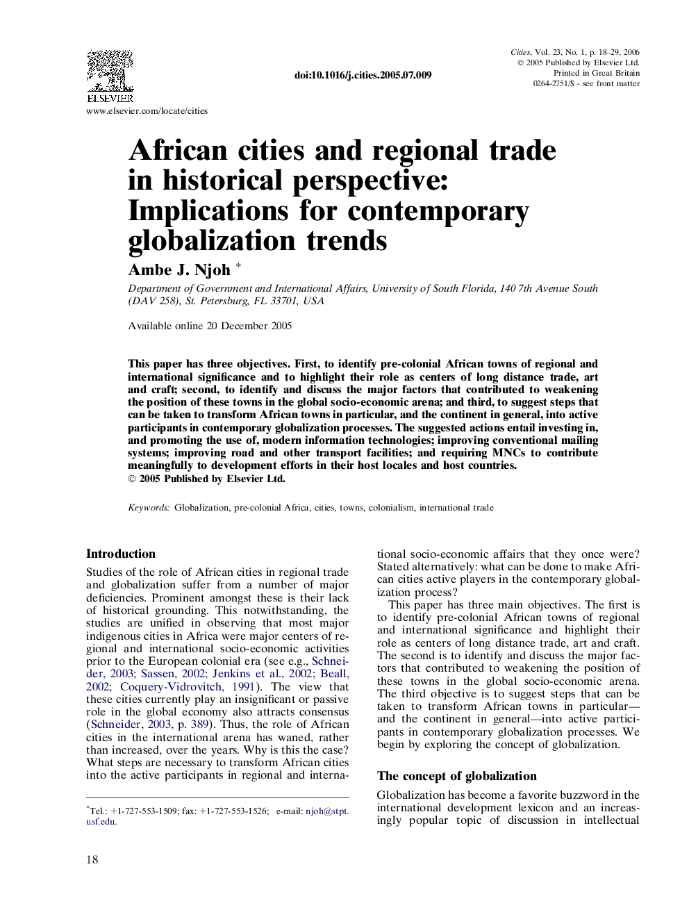 African cities and regional trade in historical perspective: Implications for contemporary globalization trends