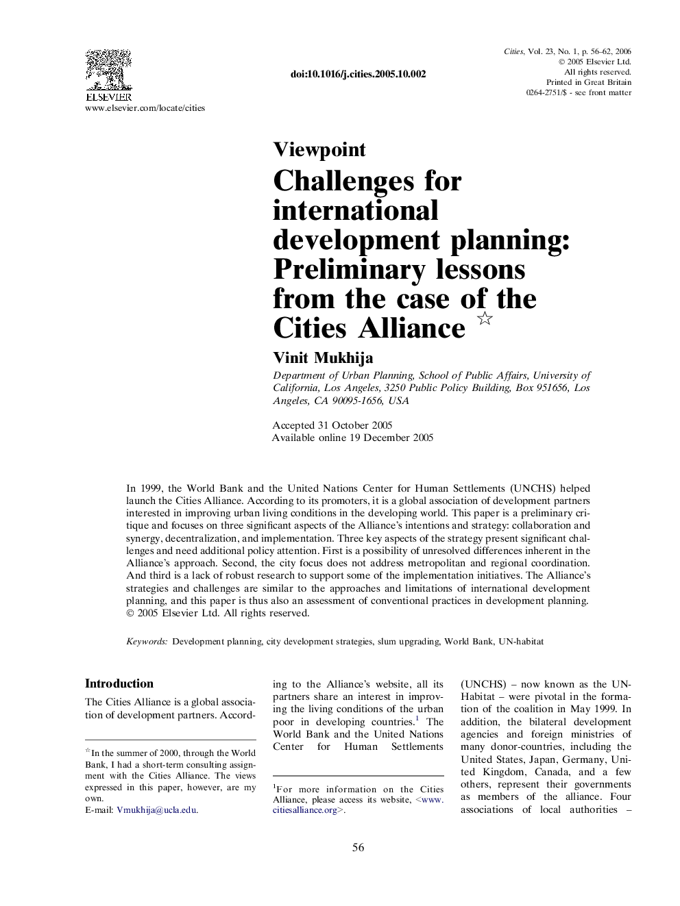 Challenges for international development planning: Preliminary lessons from the case of the Cities Alliance 