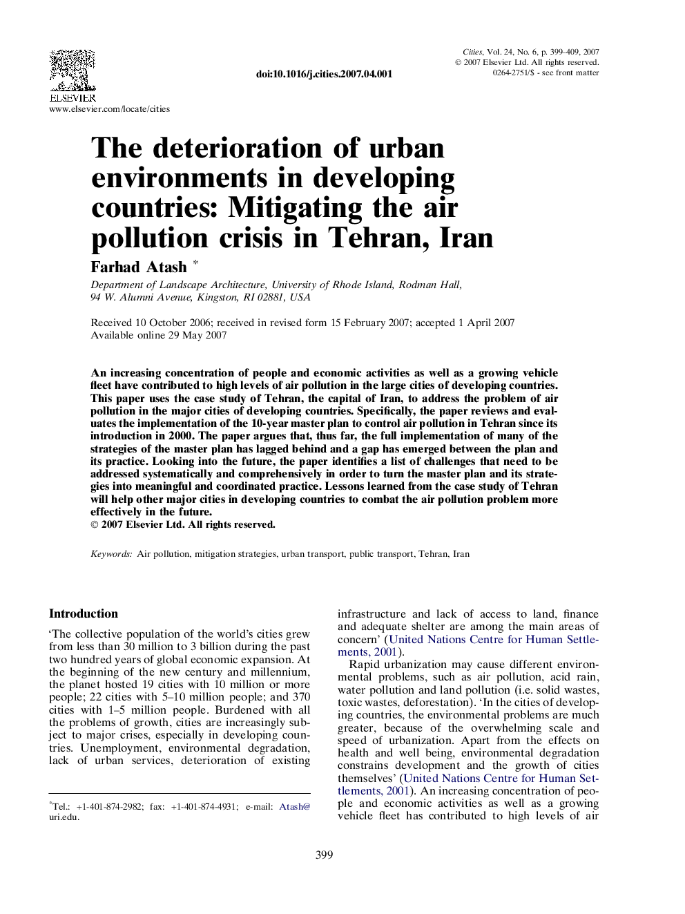 The deterioration of urban environments in developing countries: Mitigating the air pollution crisis in Tehran, Iran