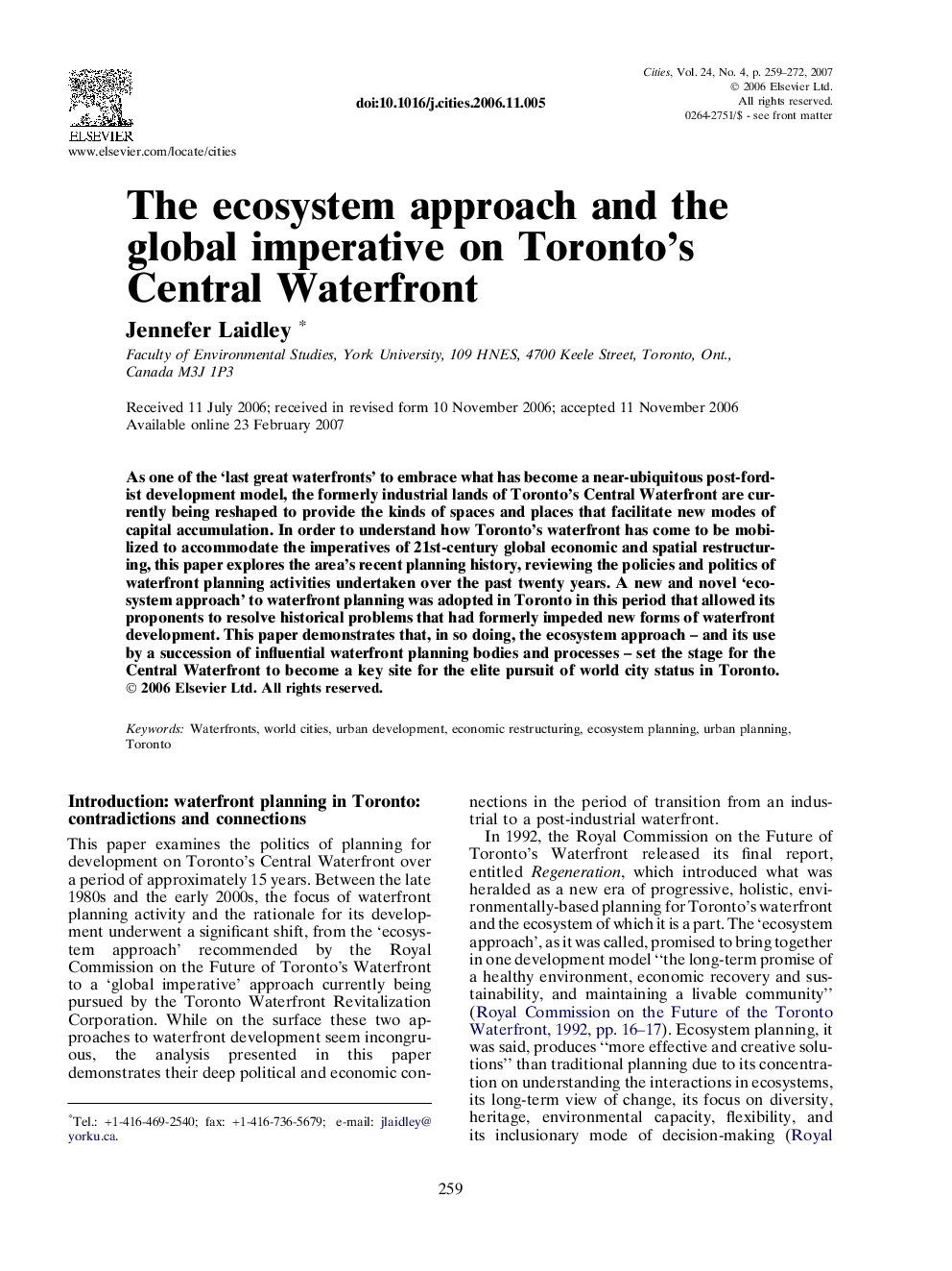 The ecosystem approach and the global imperative on Toronto’s Central Waterfront