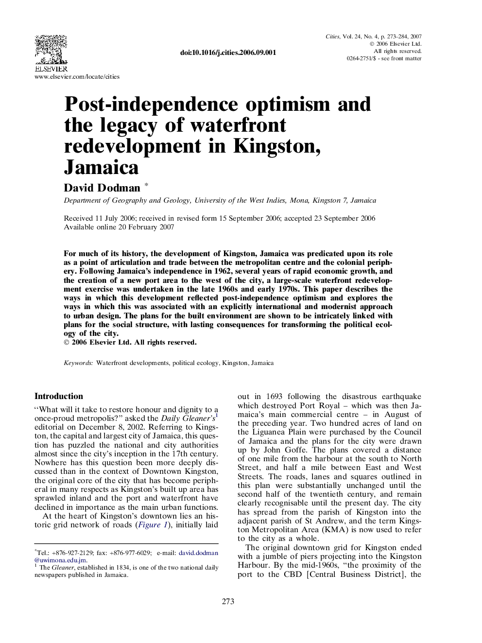 Post-independence optimism and the legacy of waterfront redevelopment in Kingston, Jamaica