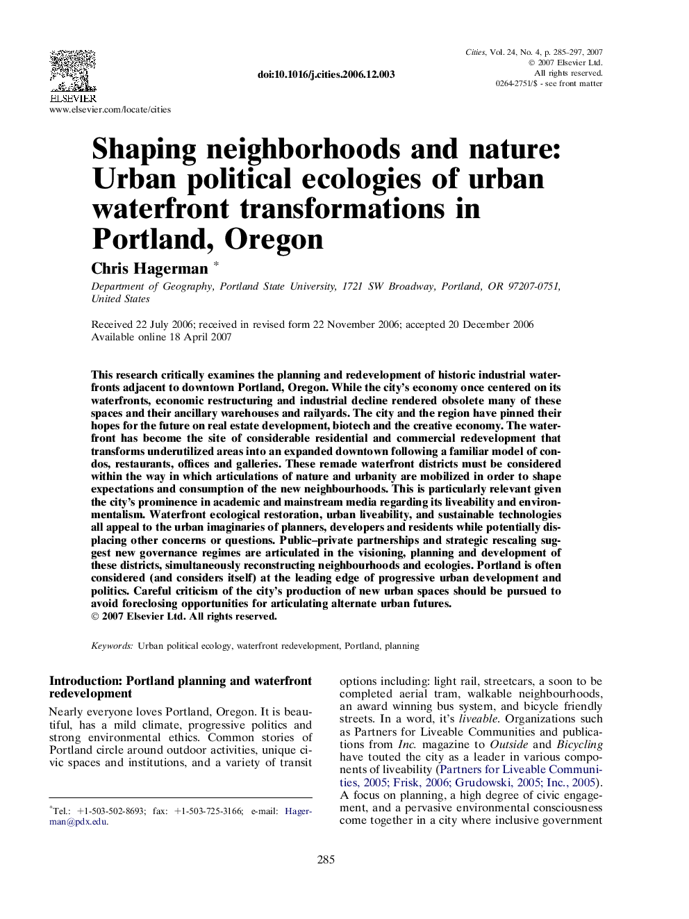 Shaping neighborhoods and nature: Urban political ecologies of urban waterfront transformations in Portland, Oregon