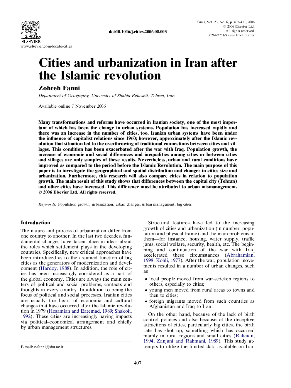 Cities and urbanization in Iran after the Islamic revolution