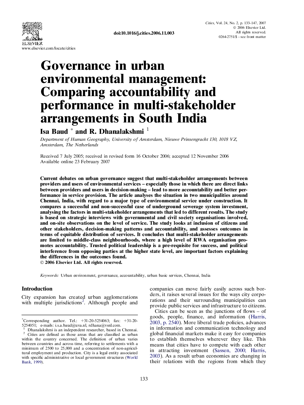 Governance in urban environmental management: Comparing accountability and performance in multi-stakeholder arrangements in South India