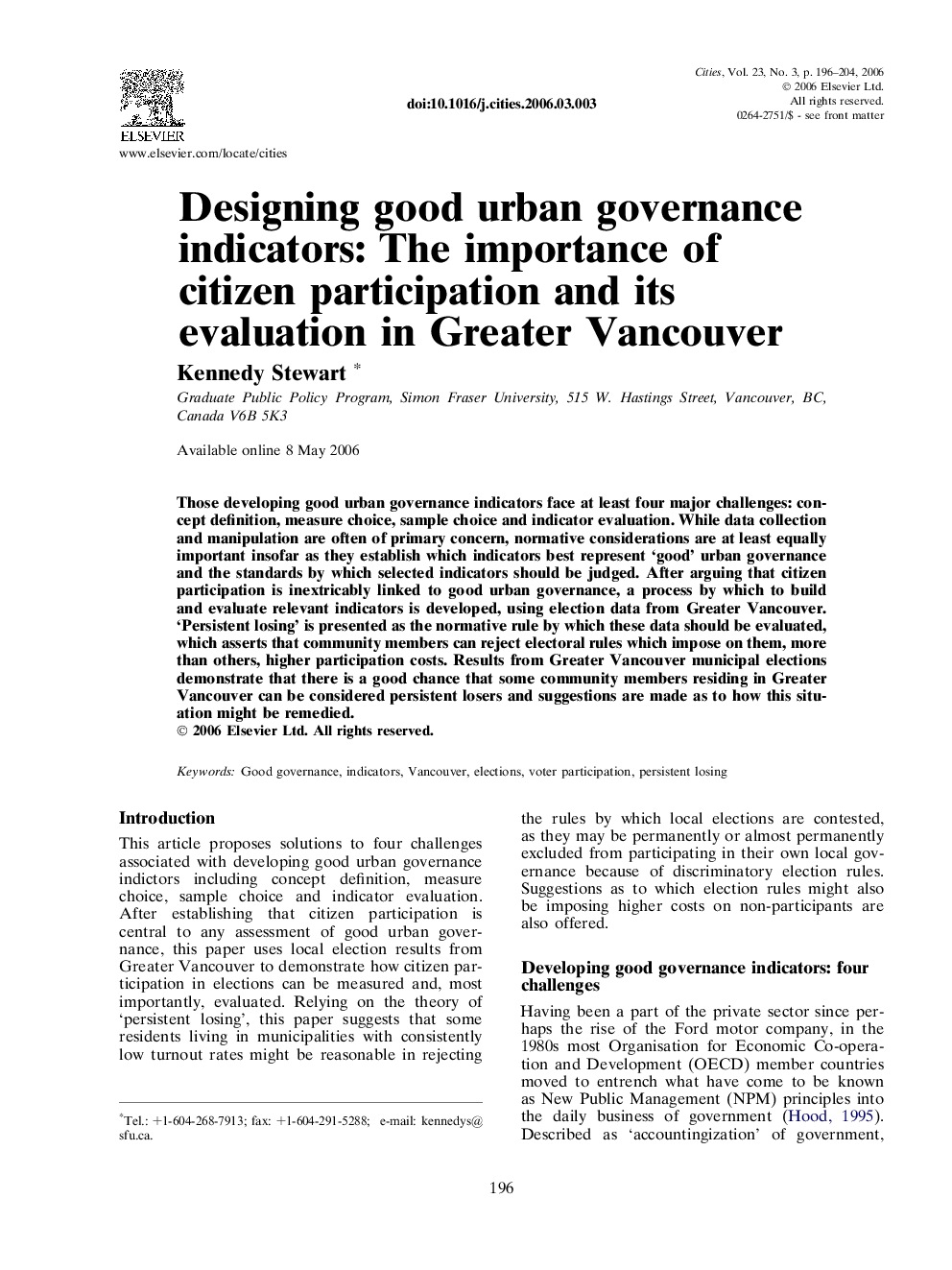 Designing good urban governance indicators: The importance of citizen participation and its evaluation in Greater Vancouver