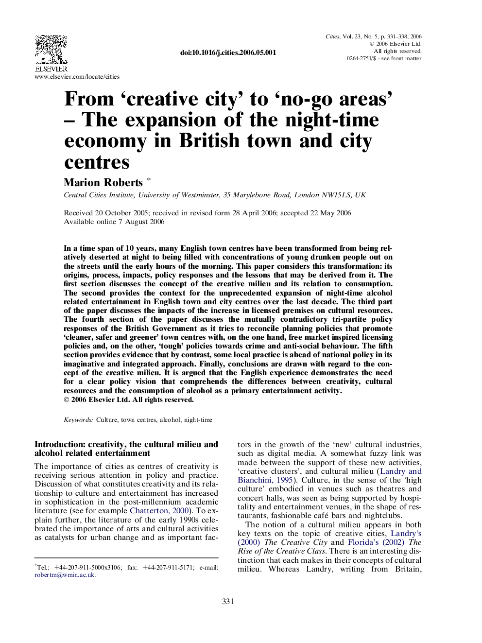 From ‘creative city’ to ‘no-go areas’ – The expansion of the night-time economy in British town and city centres