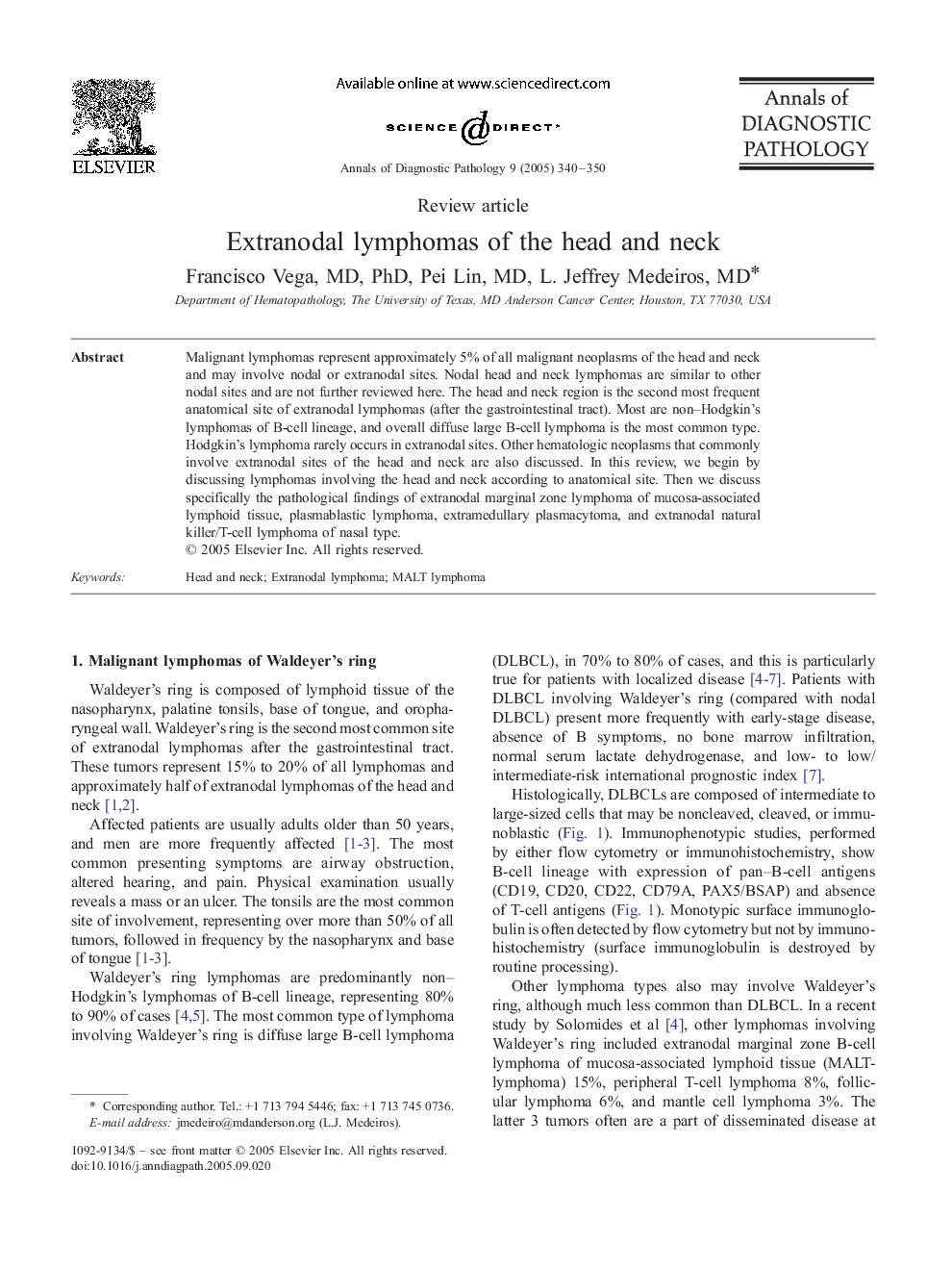 Extranodal lymphomas of the head and neck