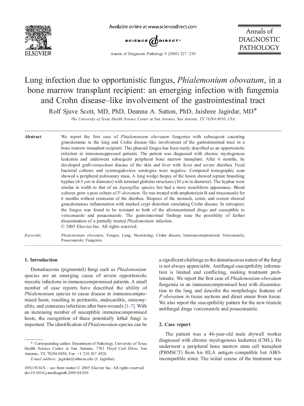 Lung infection due to opportunistic fungus, Phialemonium obovatum, in a bone marrow transplant recipient: an emerging infection with fungemia and Crohn disease-like involvement of the gastrointestinal tract