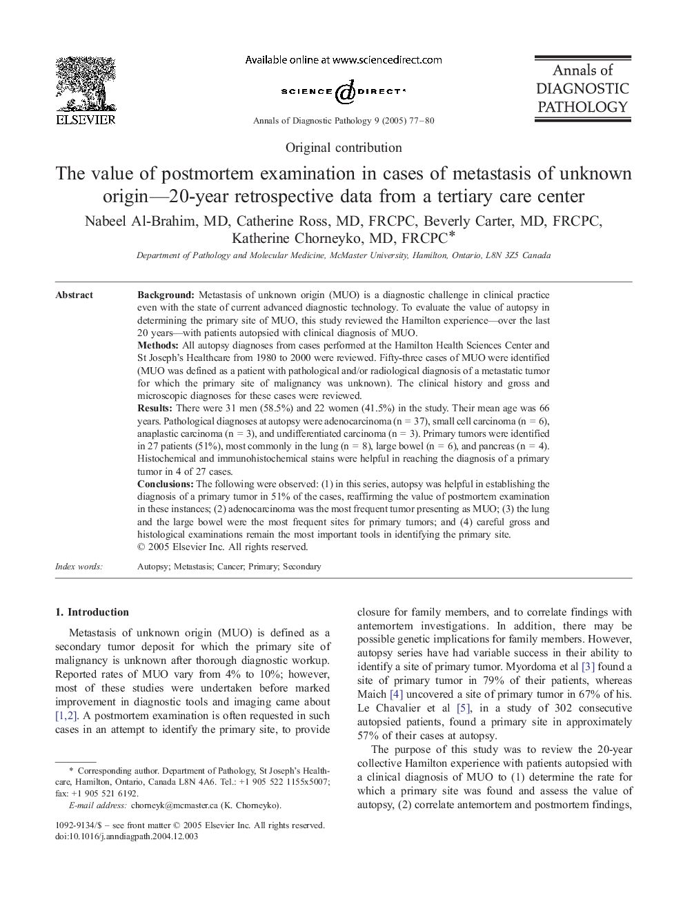 The value of postmortem examination in cases of metastasis of unknown origin-20-year retrospective data from a tertiary care center