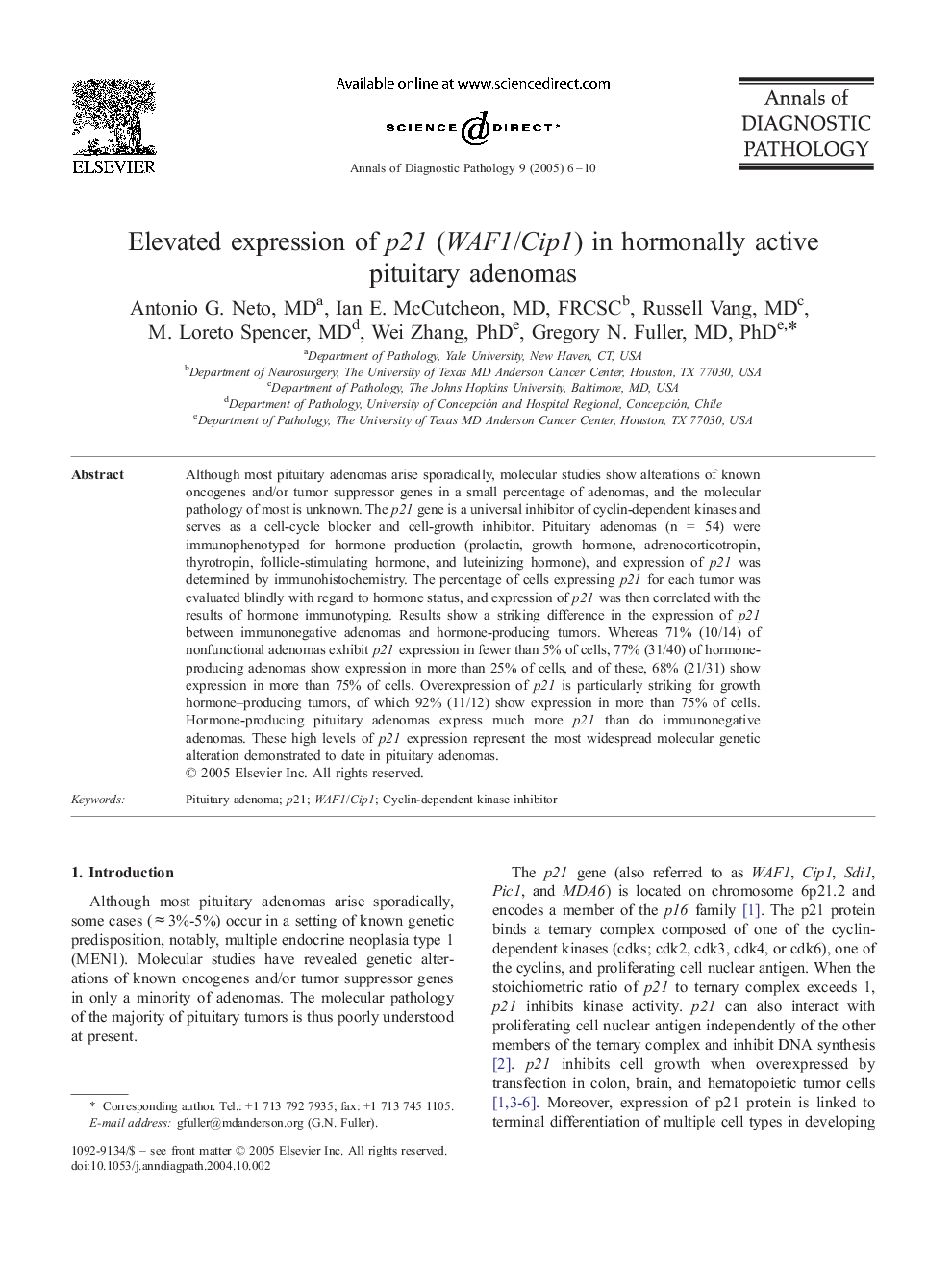 Elevated expression of p21 (WAF1/Cip1) in hormonally active pituitary adenomas