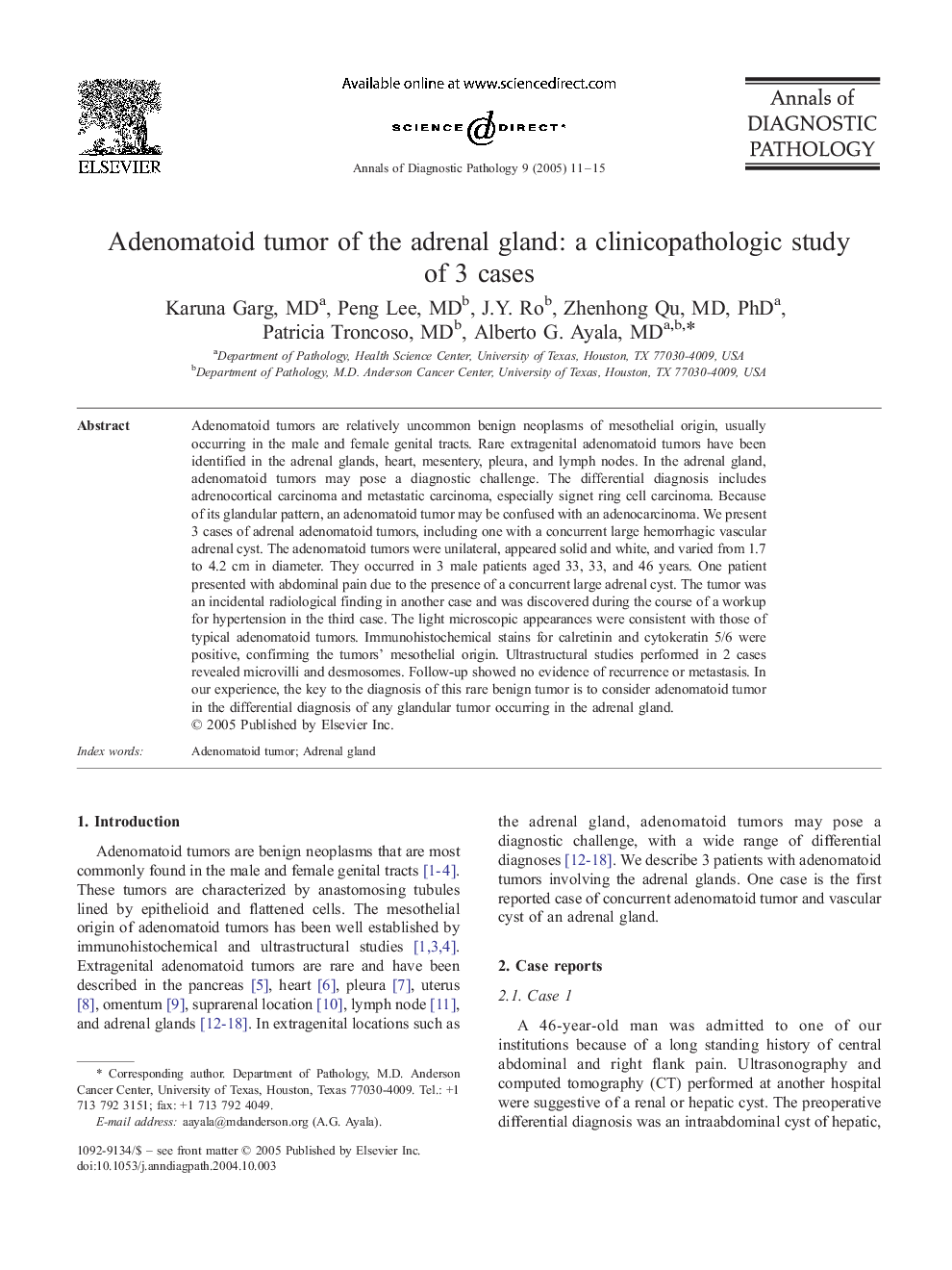 Adenomatoid tumor of the adrenal gland: a clinicopathologic study of 3 cases