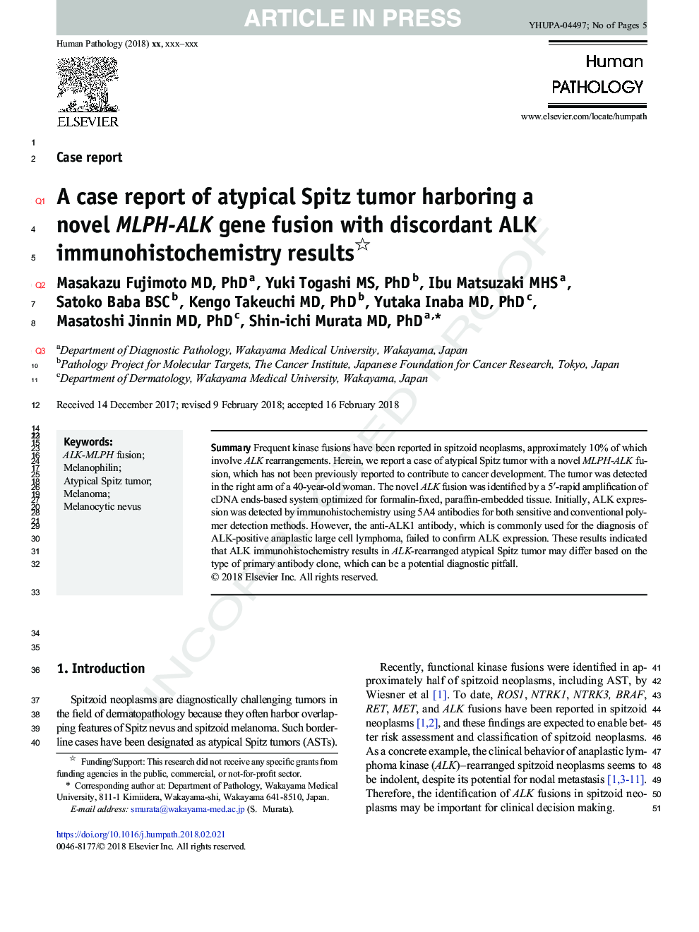 A case report of atypical Spitz tumor harboring a novel MLPH-ALK gene fusion with discordant ALK immunohistochemistry results