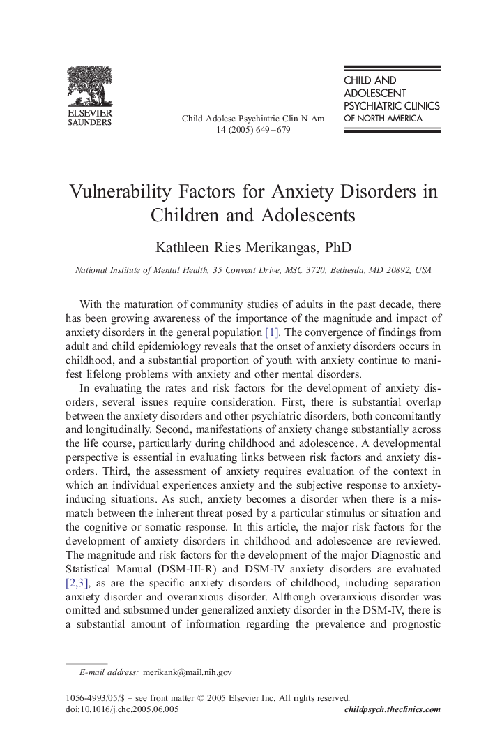Vulnerability Factors for Anxiety Disorders in Children and Adolescents