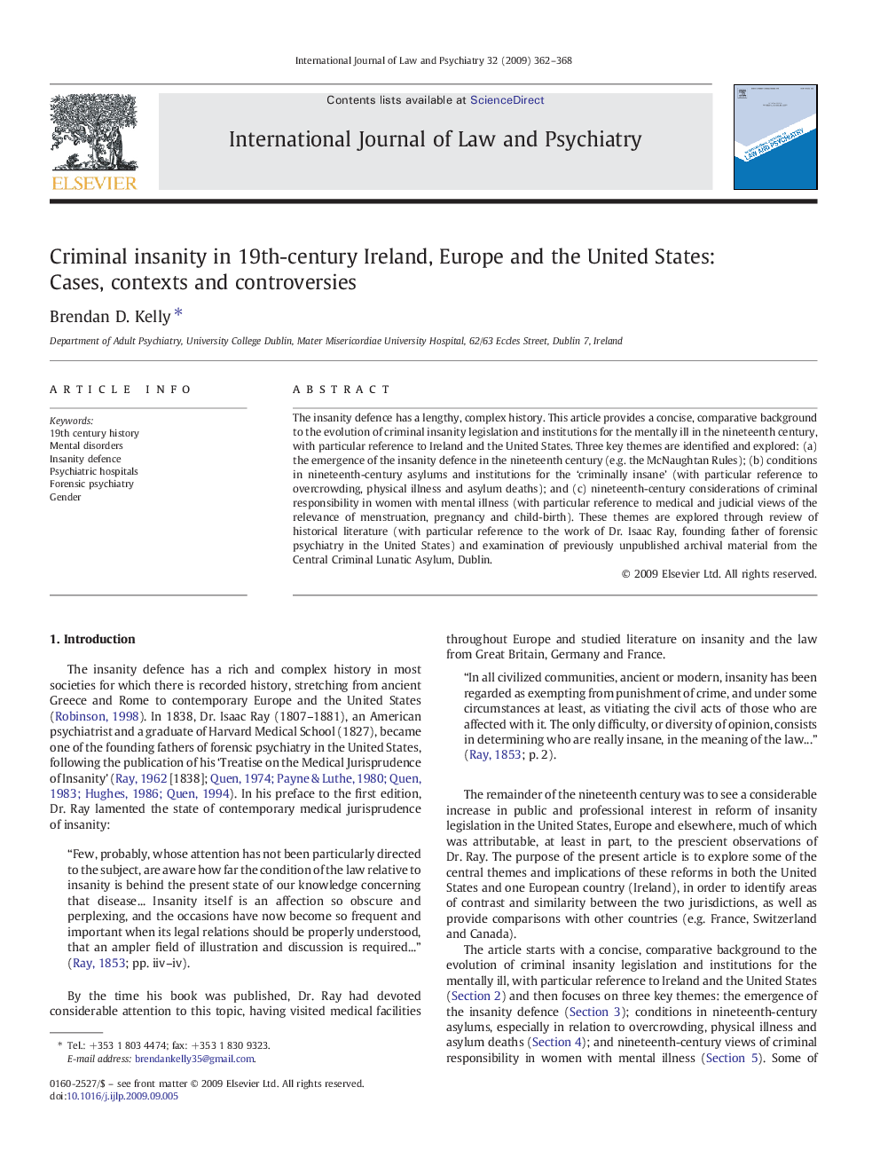 Criminal insanity in 19th-century Ireland, Europe and the United States: Cases, contexts and controversies