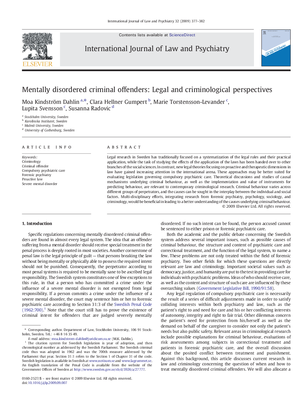 Mentally disordered criminal offenders: Legal and criminological perspectives