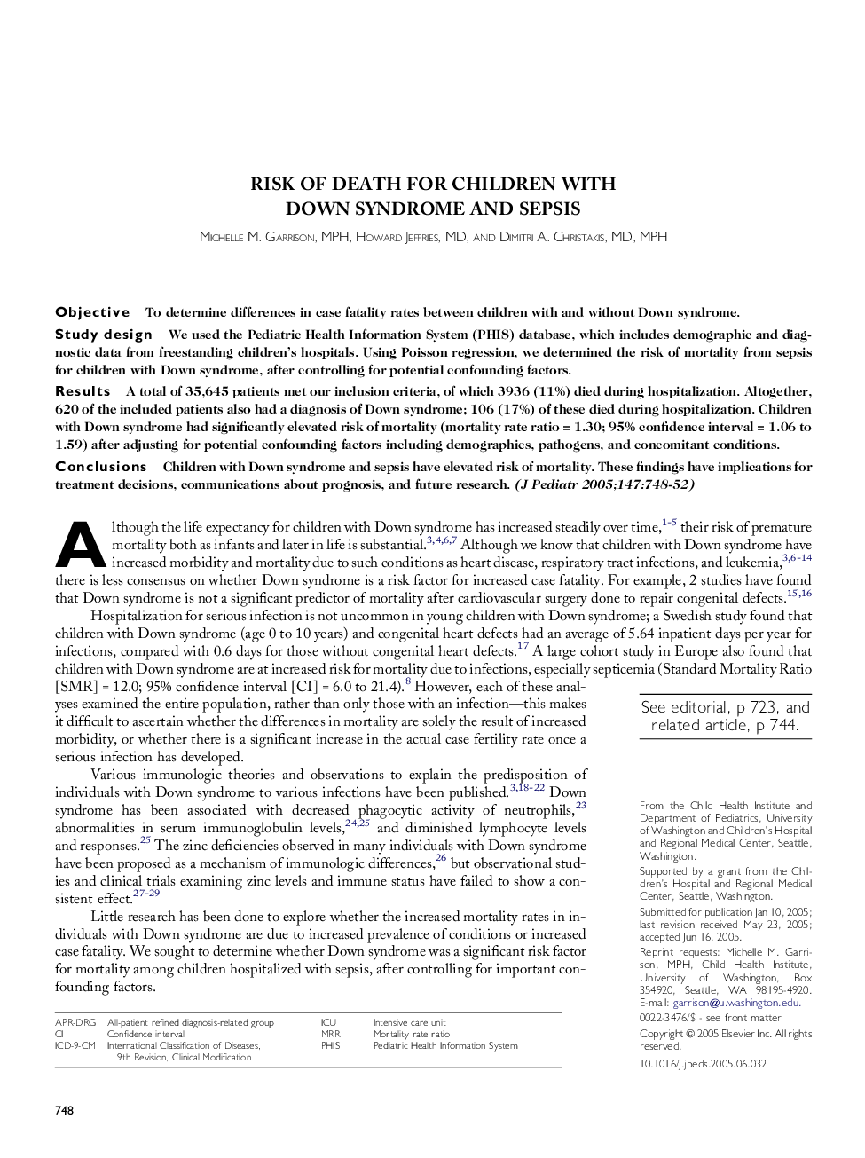 Risk of Death for Children with Down Syndrome and Sepsis