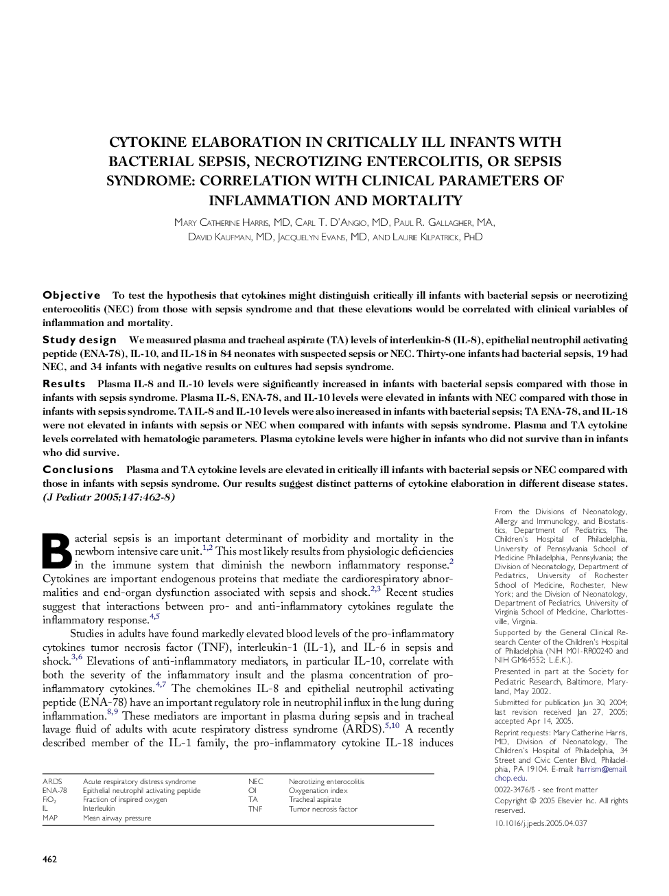 Cytokine elaboration in critically ill infants with bacterial sepsis, necrotizing entercolitis, or sepsis syndrome: Correlation with clinical parameters of inflammation and mortality