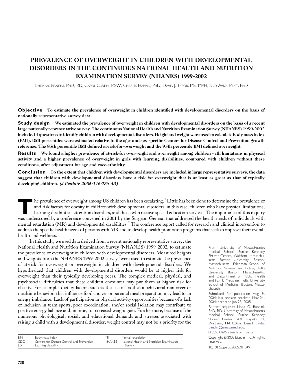 Prevalence of Overweight in Children with Developmental Disorders in the Continuous National Health and Nutrition Examination Survey (NHANES) 1999-2002