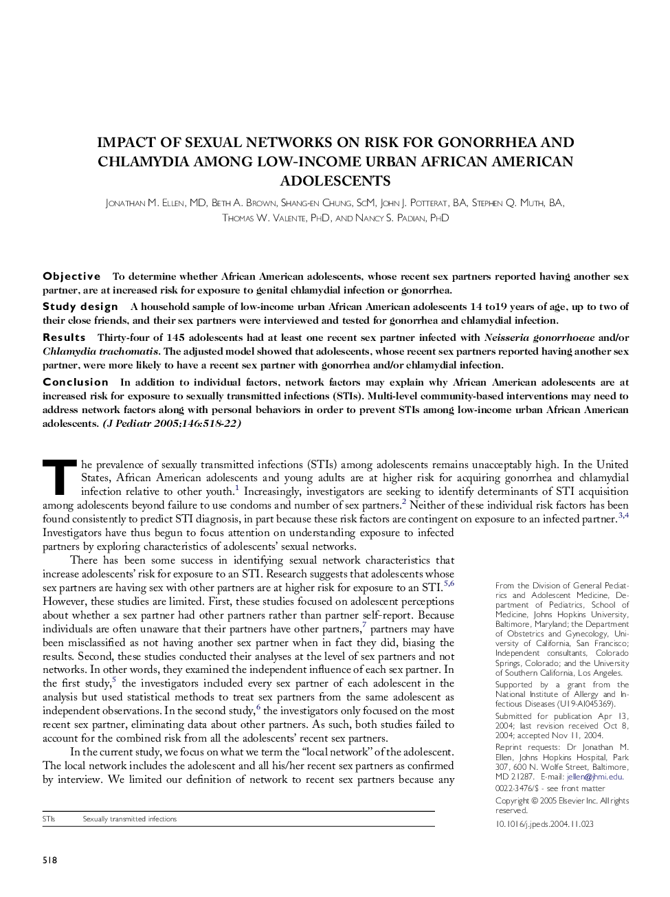 Impact of sexual networks on risk for gonorrhea and chlamydia among low-income urban African American adolescents