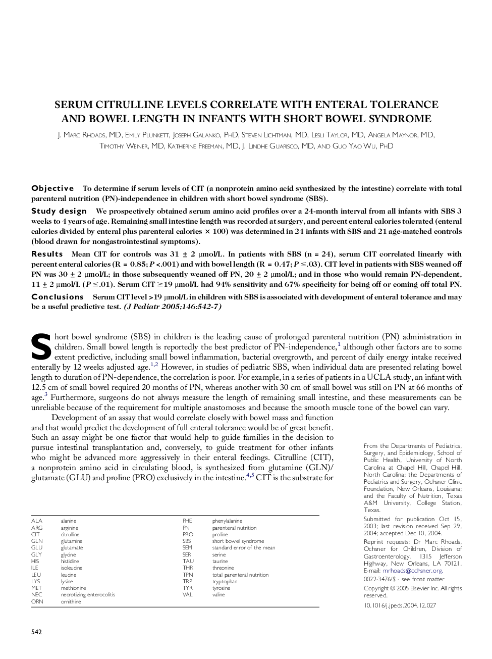 Serum citrulline levels correlate with enteral tolerance and bowel length in infants with short bowel syndrome