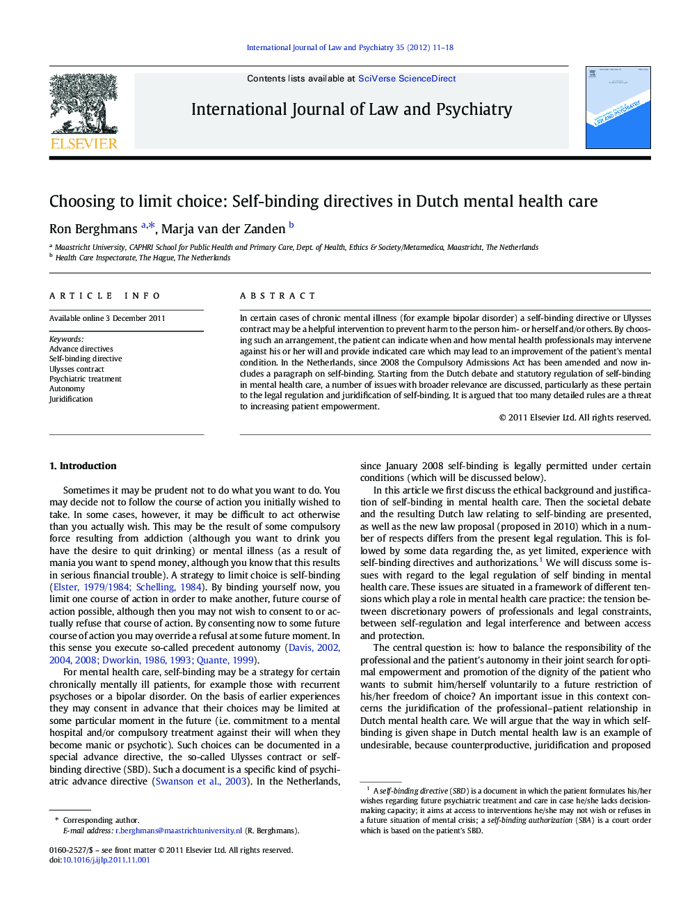 Choosing to limit choice: Self-binding directives in Dutch mental health care