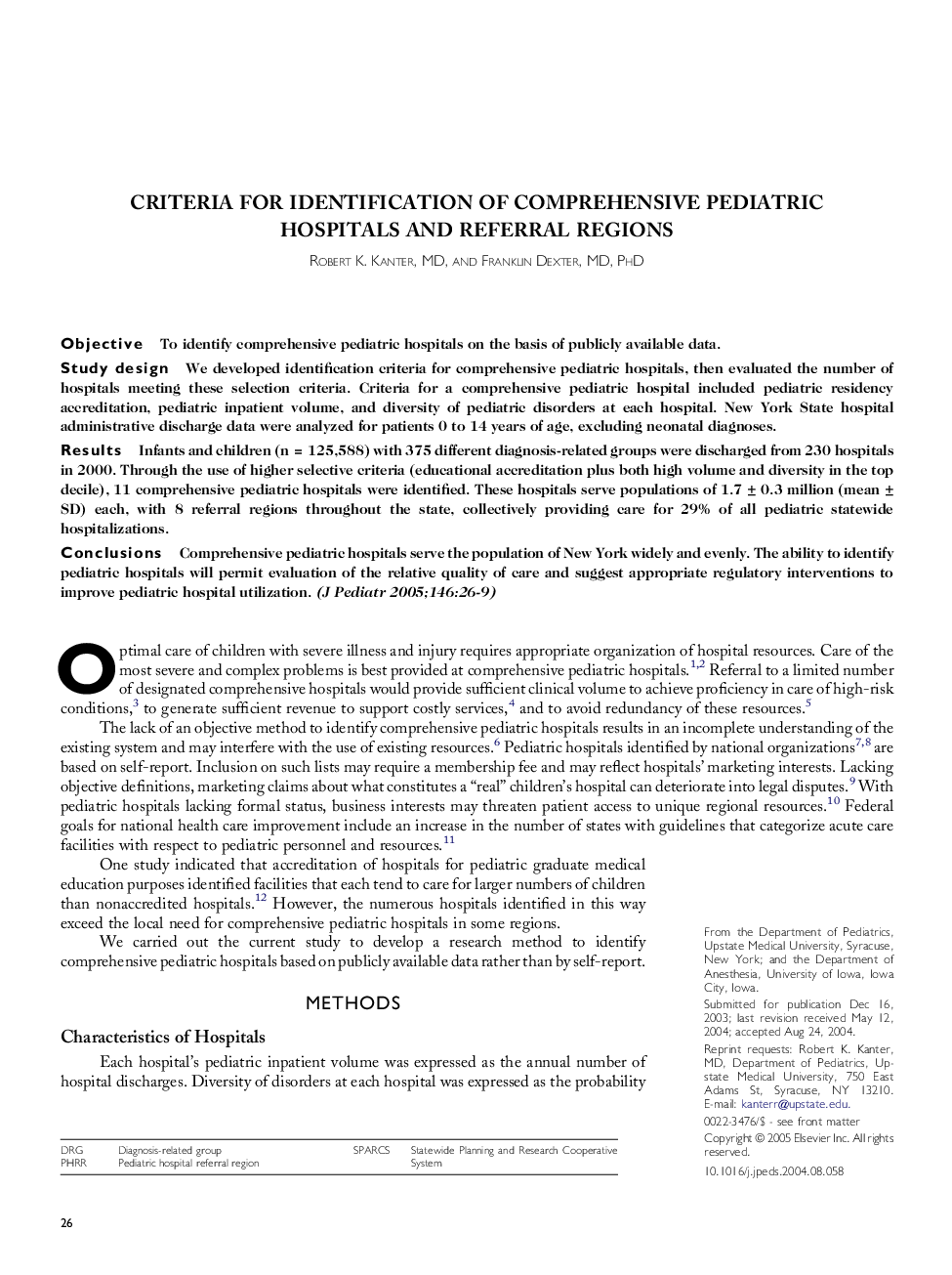 Criteria for identification of comprehensive pediatric hospitals and referral regions