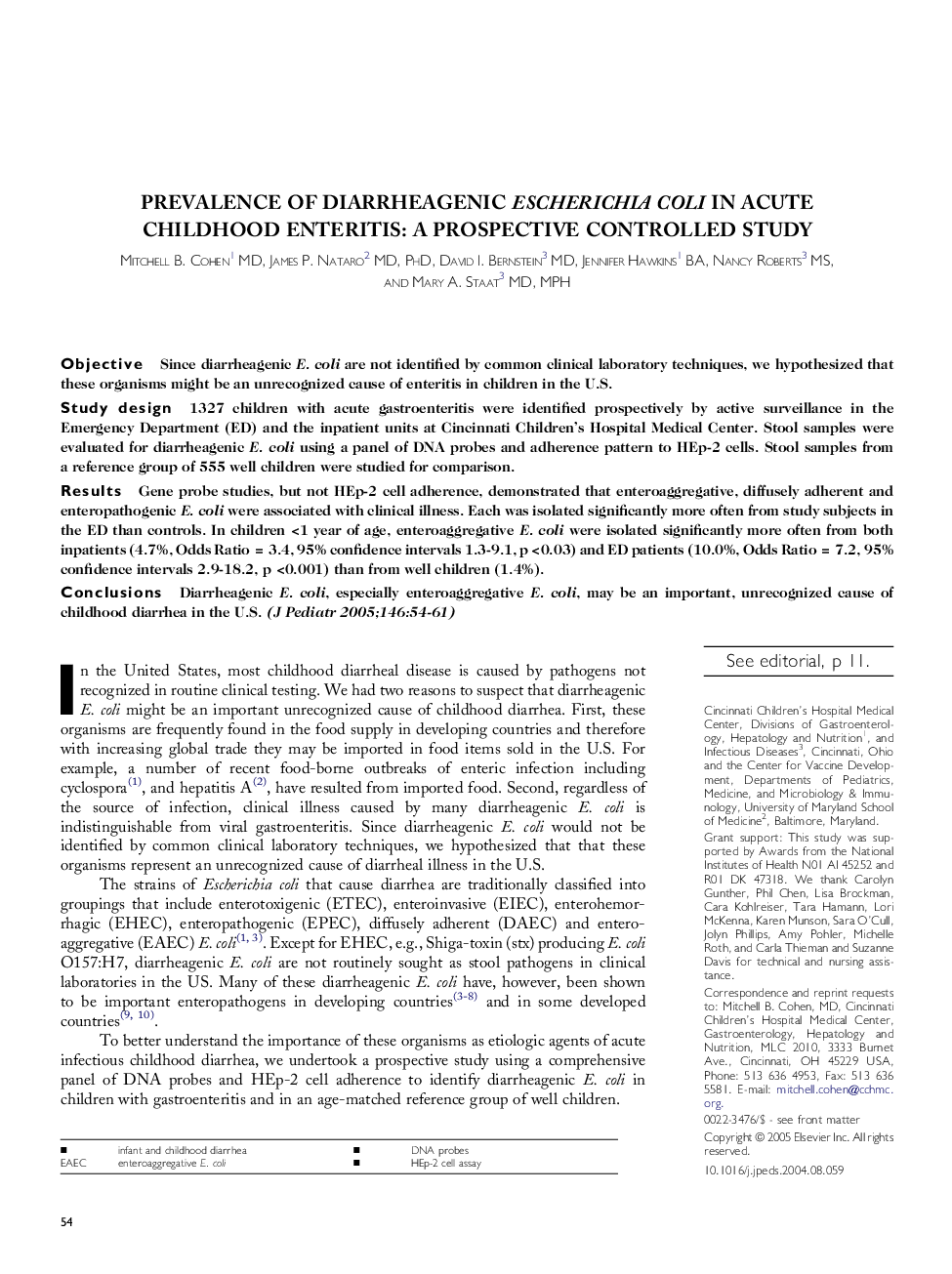 Prevalence of diarrheagenic Escherichia coli in acute childhood enteritis: A prospective controlled study