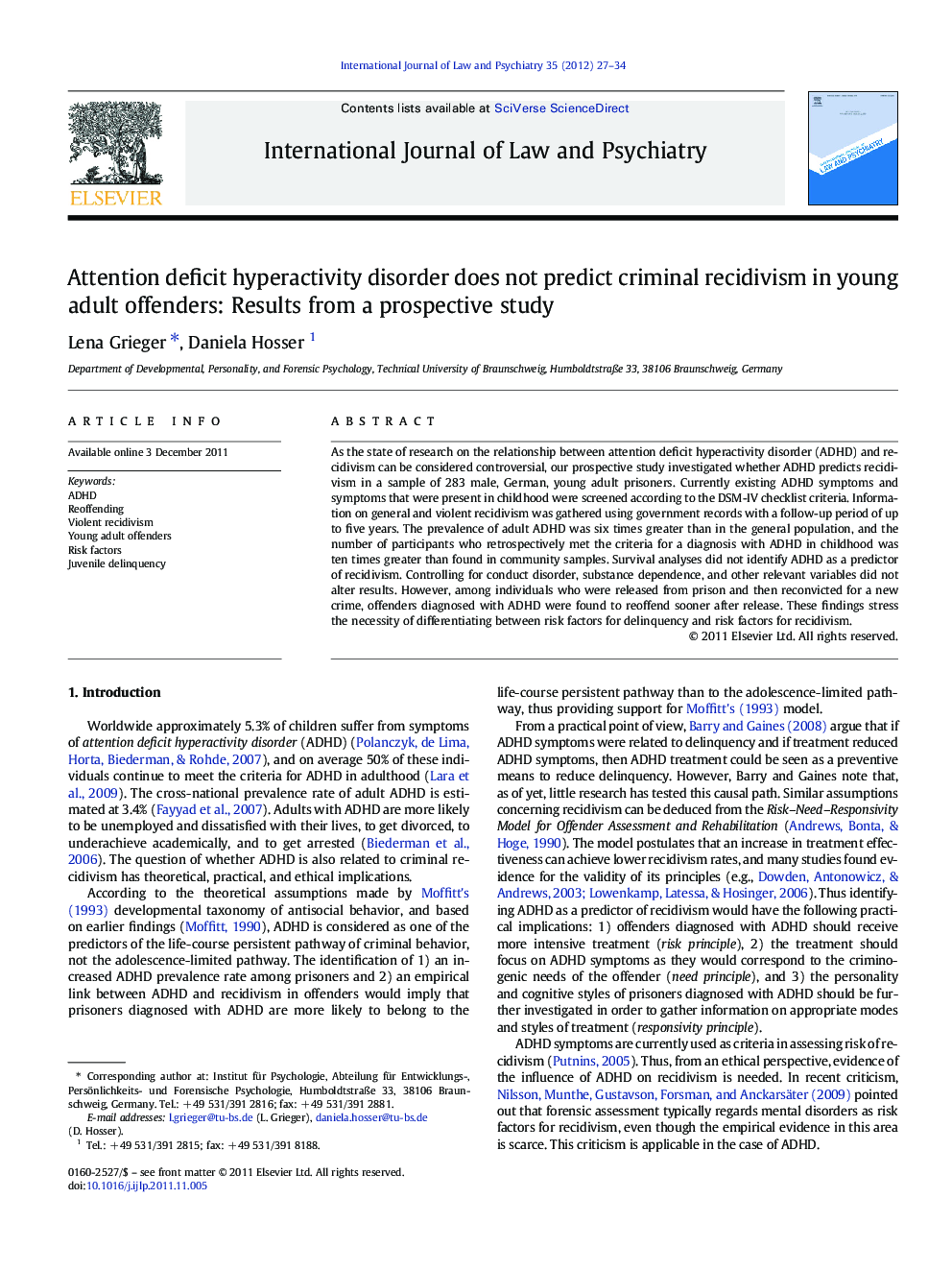 Attention deficit hyperactivity disorder does not predict criminal recidivism in young adult offenders: Results from a prospective study