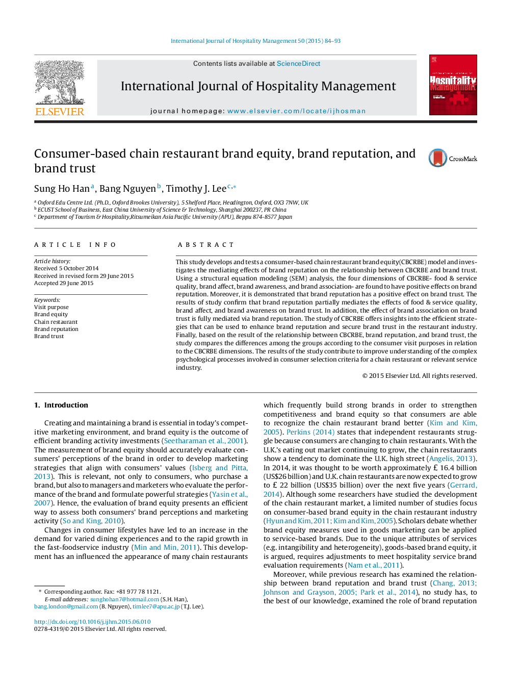 Consumer-based chain restaurant brand equity, brand reputation, and brand trust