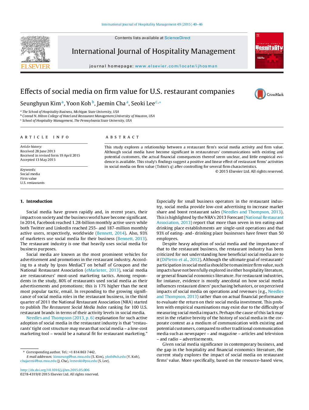 Effects of social media on firm value for U.S. restaurant companies