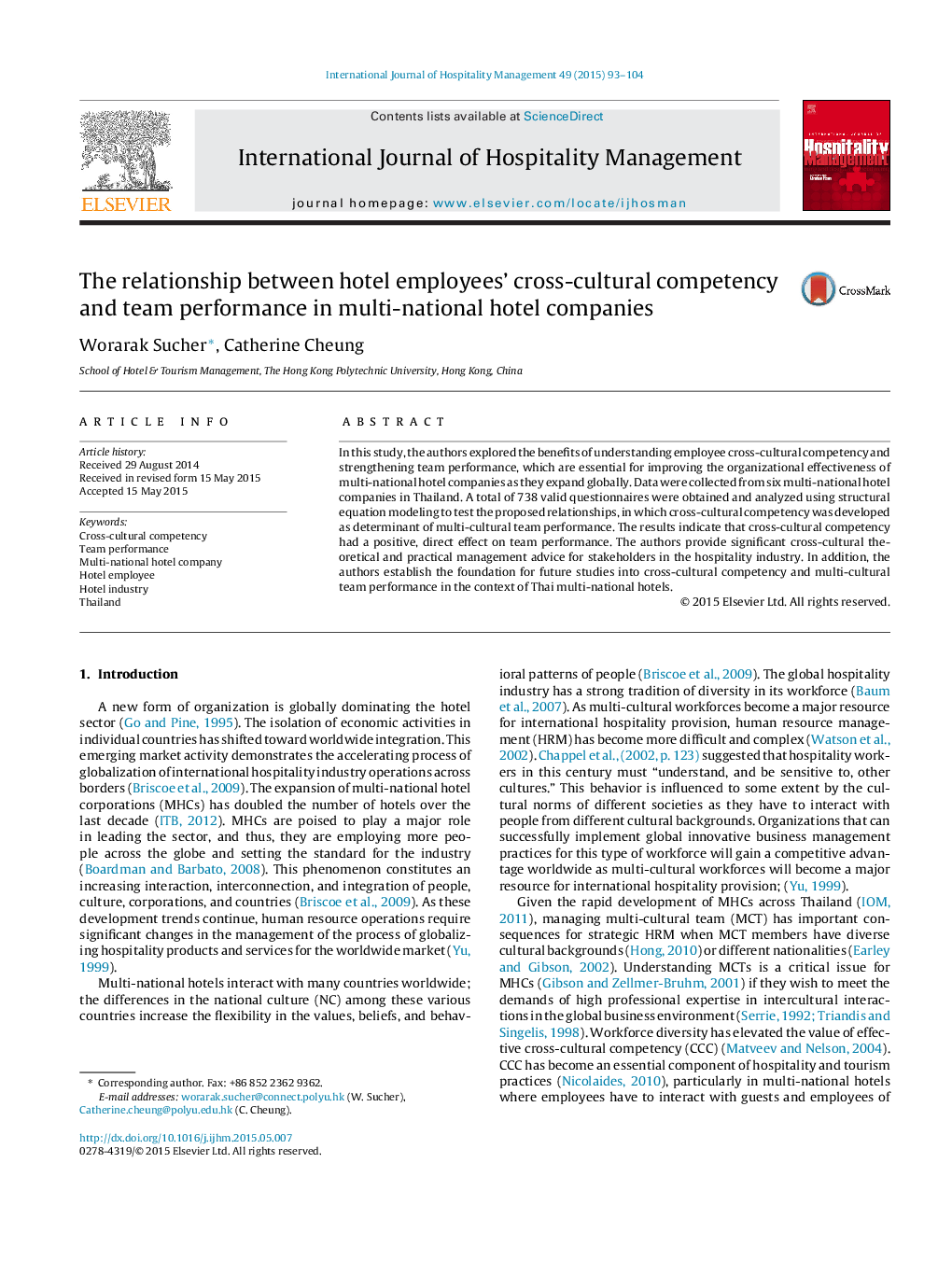 The relationship between hotel employees’ cross-cultural competency and team performance in multi-national hotel companies