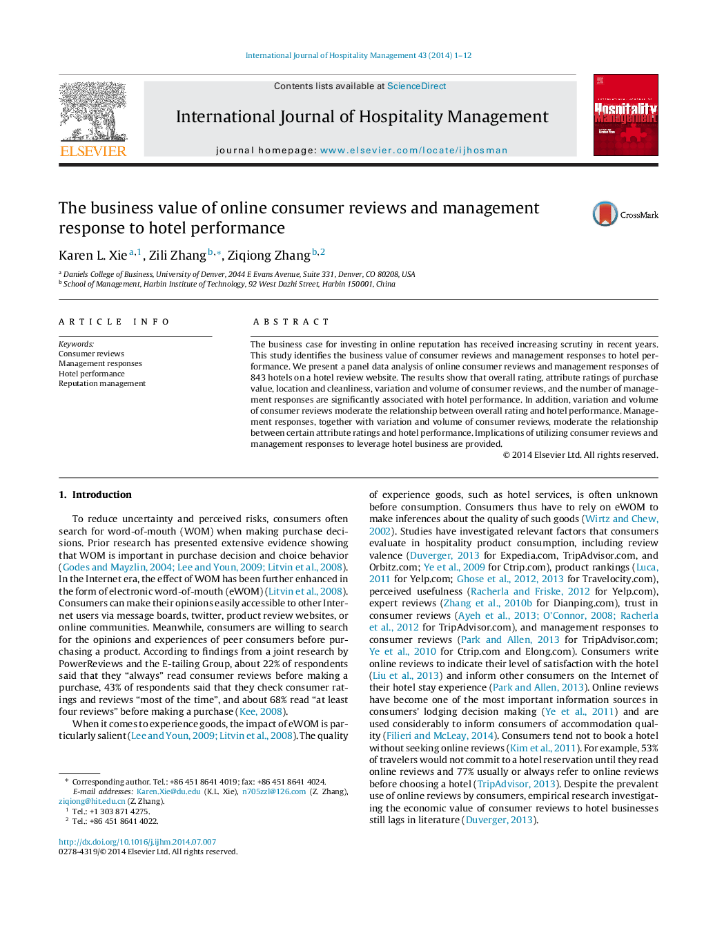 The business value of online consumer reviews and management response to hotel performance