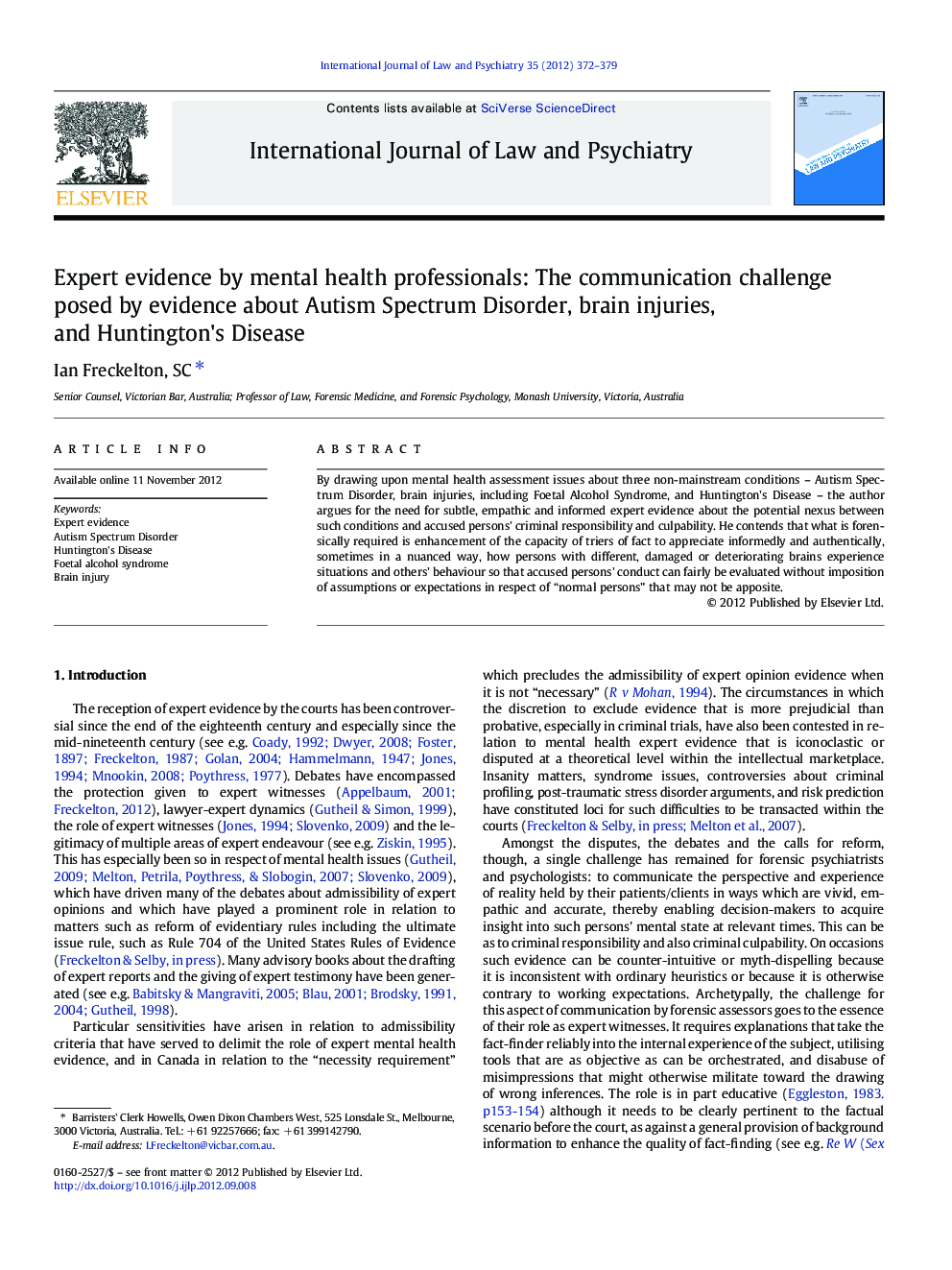 Expert evidence by mental health professionals: The communication challenge posed by evidence about Autism Spectrum Disorder, brain injuries, and Huntington's Disease