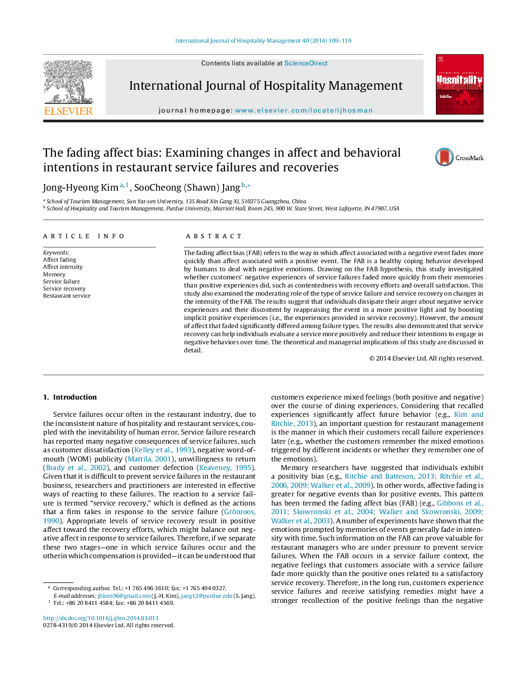 The fading affect bias: Examining changes in affect and behavioral intentions in restaurant service failures and recoveries