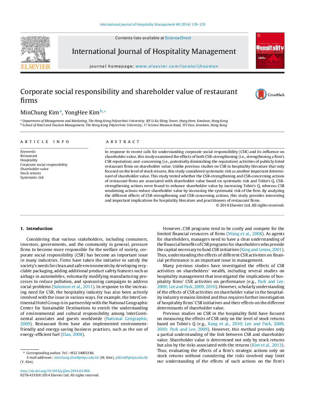 Corporate social responsibility and shareholder value of restaurant firms