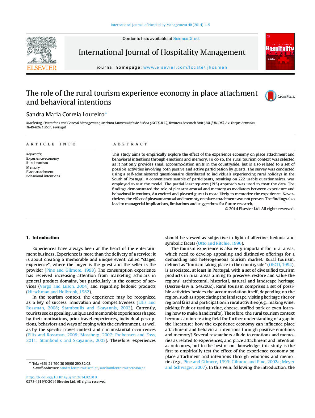 The role of the rural tourism experience economy in place attachment and behavioral intentions