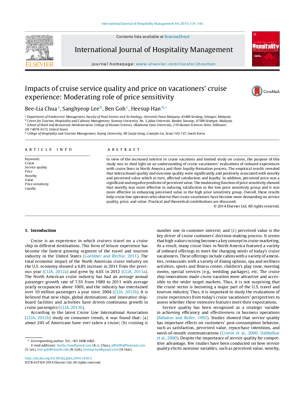 Impacts of cruise service quality and price on vacationers’ cruise experience: Moderating role of price sensitivity