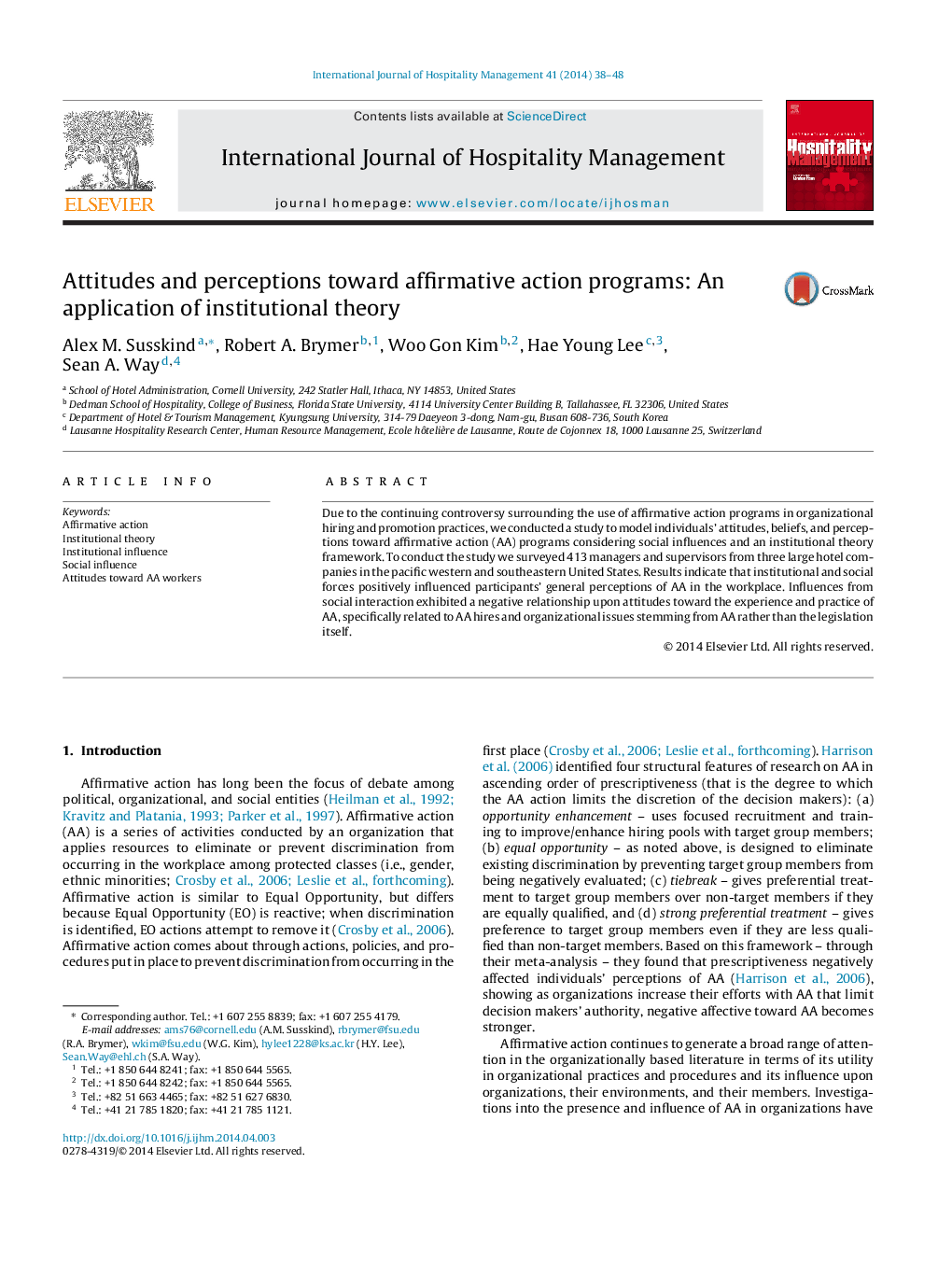 Attitudes and perceptions toward affirmative action programs: An application of institutional theory