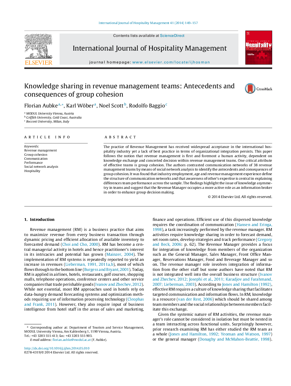 Knowledge sharing in revenue management teams: Antecedents and consequences of group cohesion