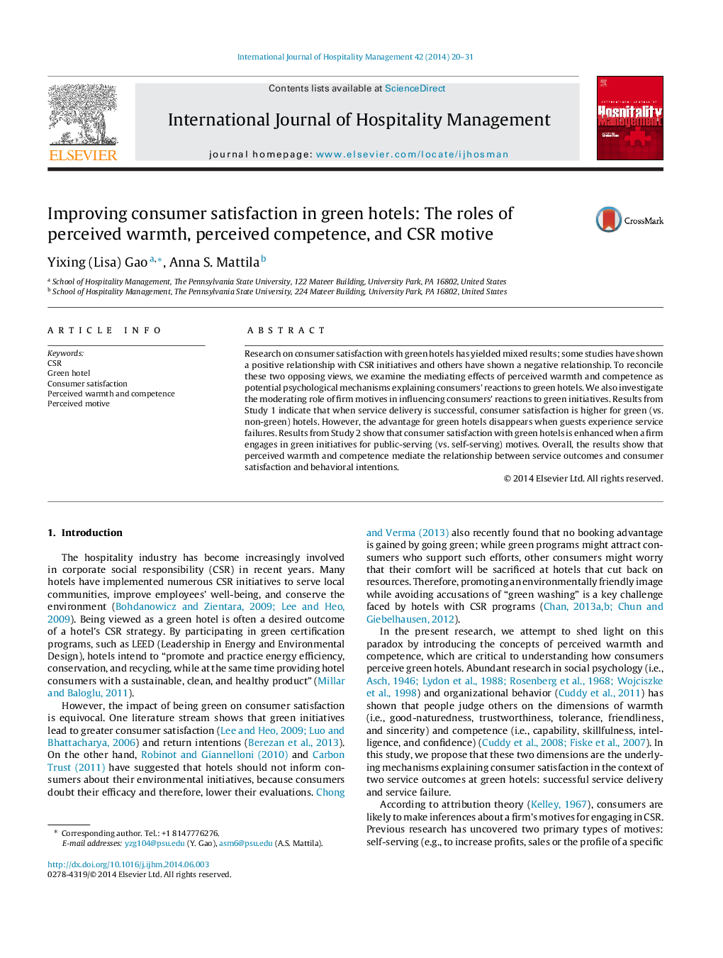 Improving consumer satisfaction in green hotels: The roles of perceived warmth, perceived competence, and CSR motive