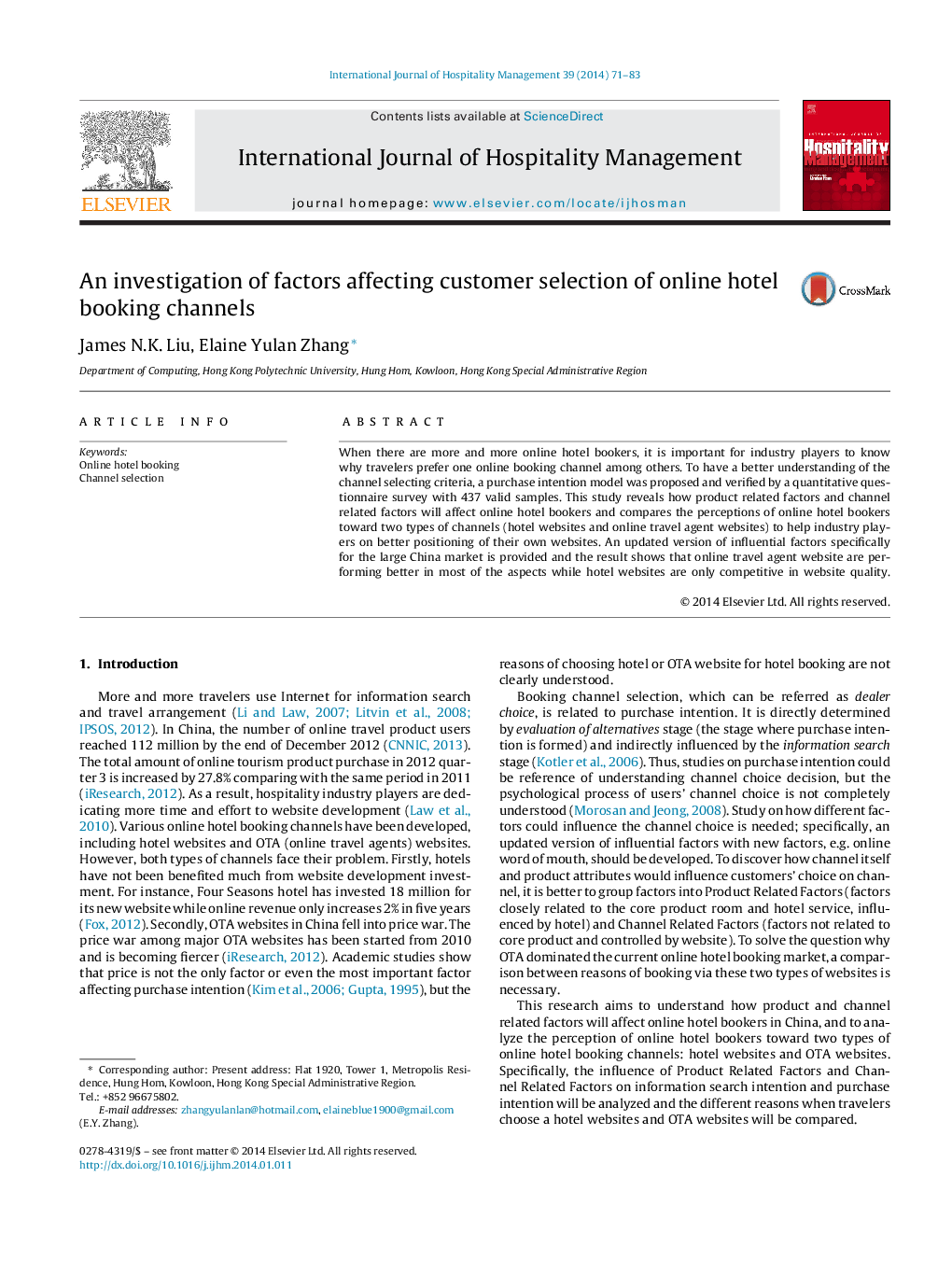 An investigation of factors affecting customer selection of online hotel booking channels