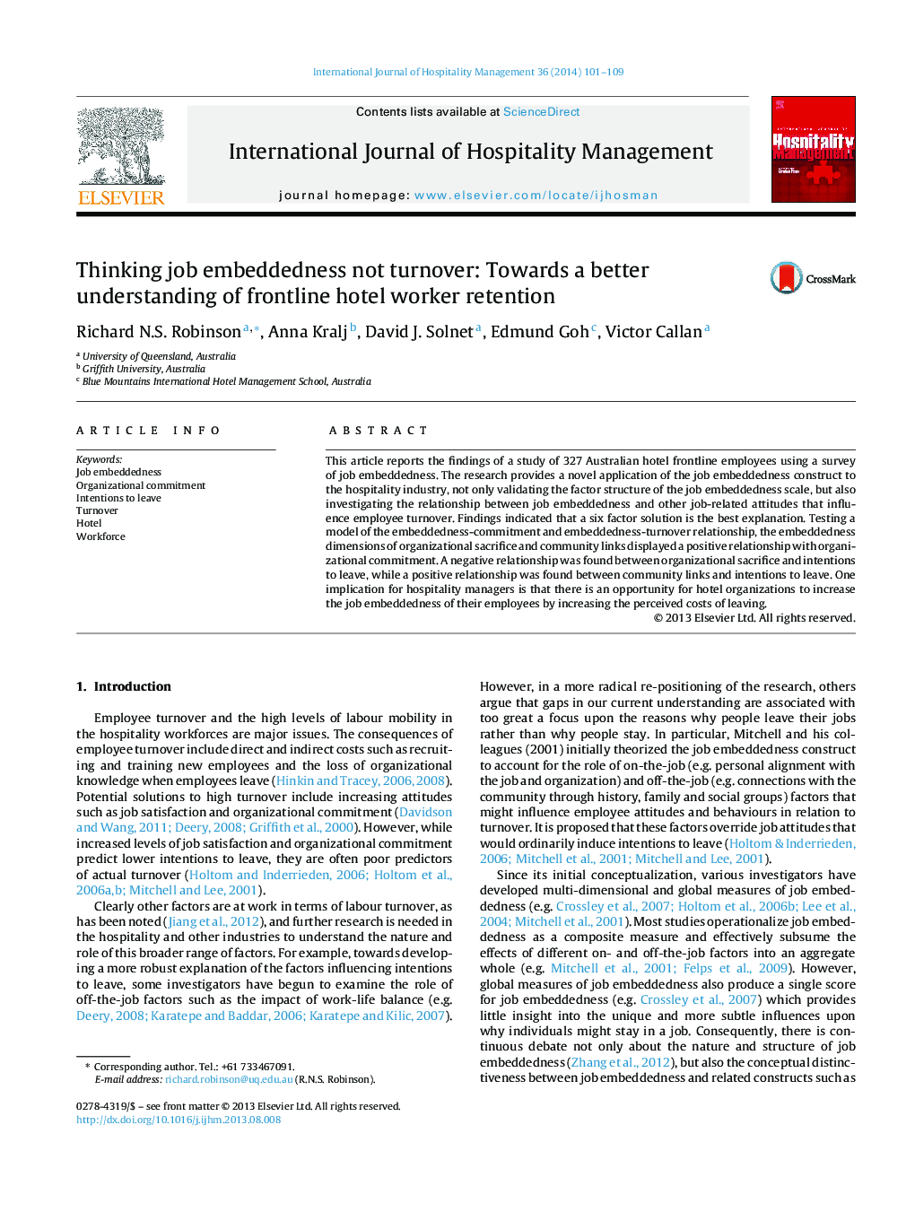 Thinking job embeddedness not turnover: Towards a better understanding of frontline hotel worker retention