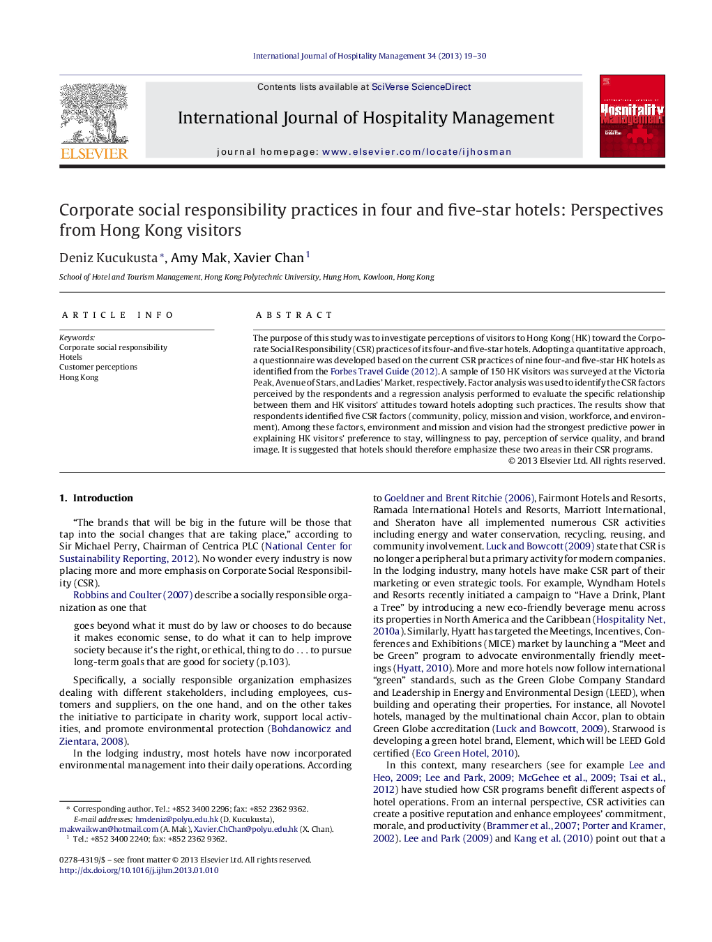 Corporate social responsibility practices in four and five-star hotels: Perspectives from Hong Kong visitors