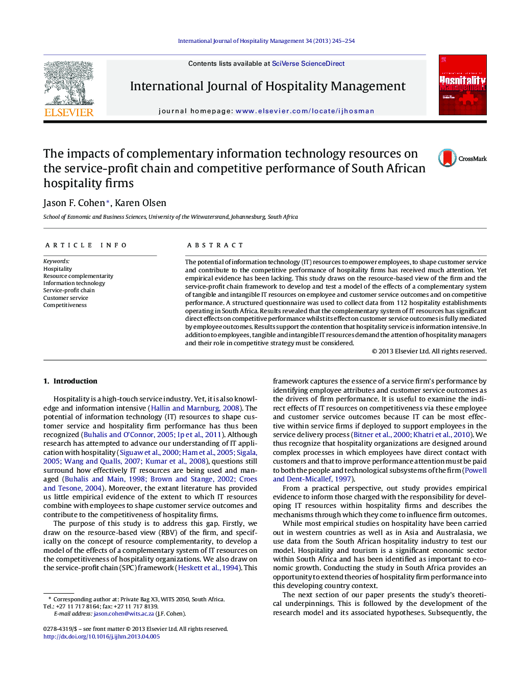 The impacts of complementary information technology resources on the service-profit chain and competitive performance of South African hospitality firms