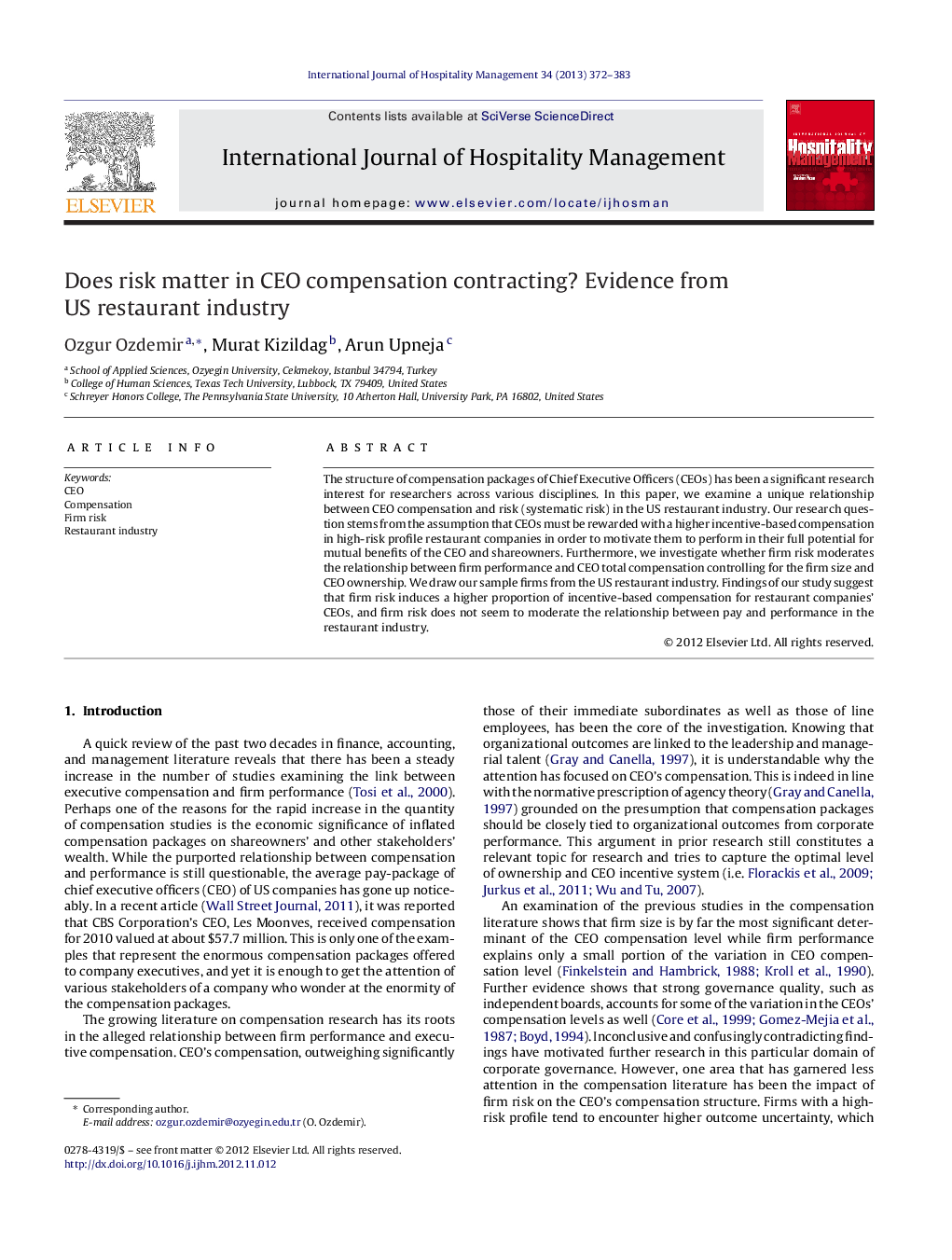 Does risk matter in CEO compensation contracting? Evidence from US restaurant industry