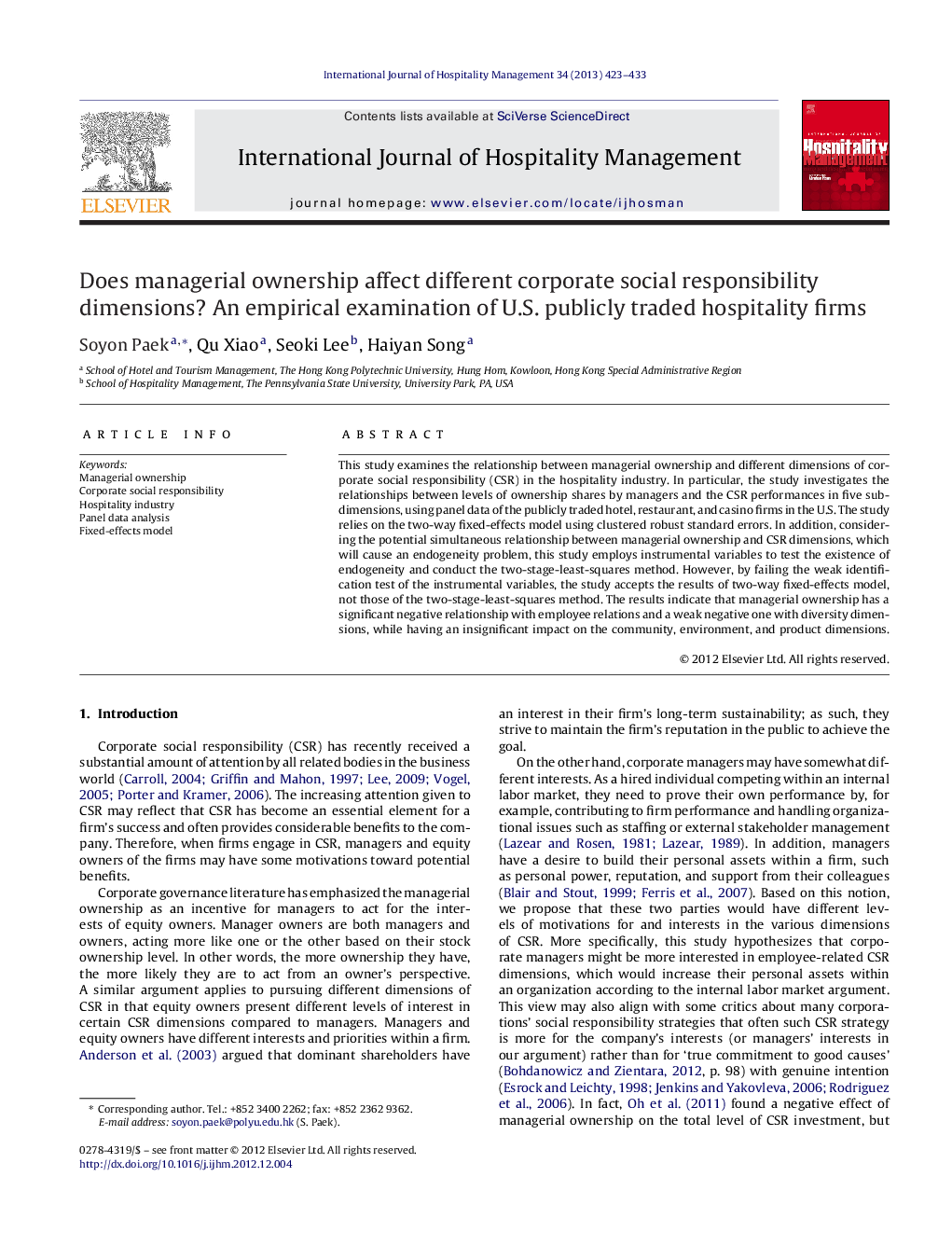 عکس صفحه اول مقاله: Does managerial ownership affect different corporate social responsibility dimensions? An empirical examination of U.S. publicly traded hospitality firms Does managerial ownership affect different corporate social responsibility dimensions? An empirical examination of U.S. publicly traded hospitality firms