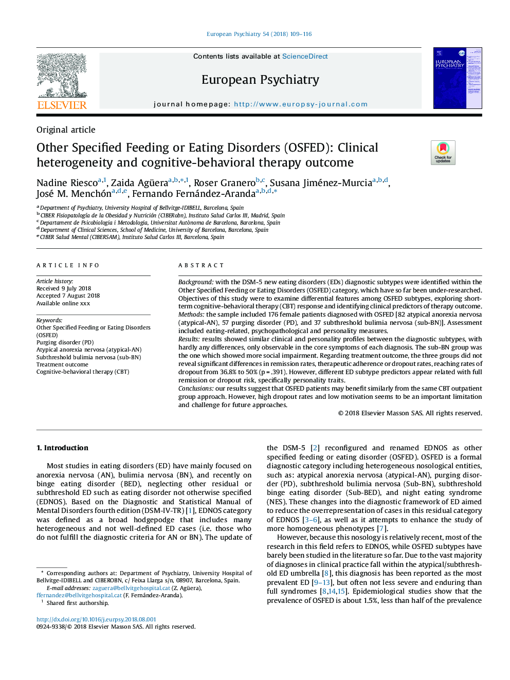 Other Specified Feeding or Eating Disorders (OSFED): Clinical heterogeneity and cognitive-behavioral therapy outcome