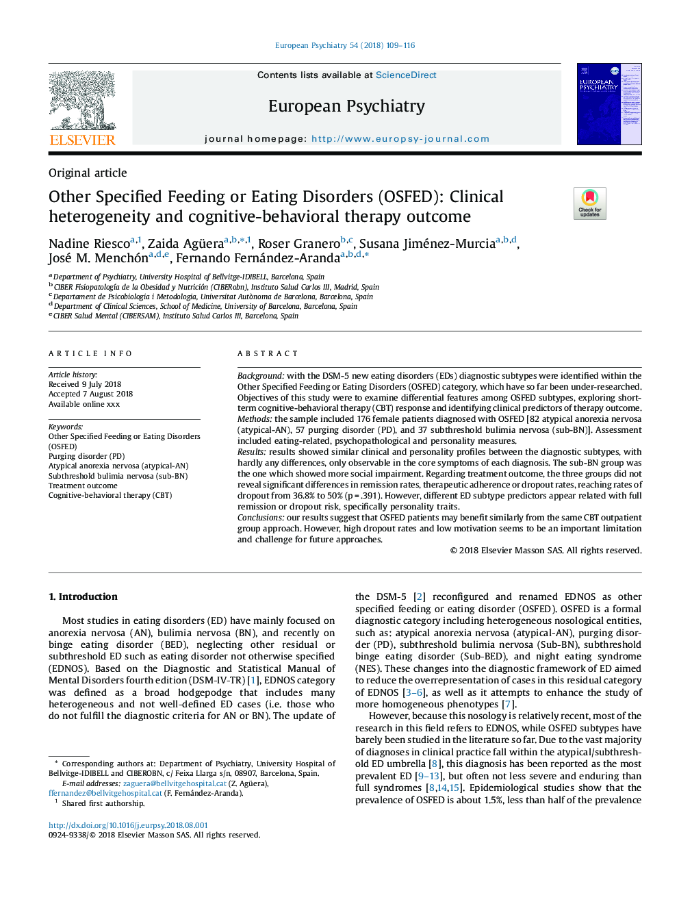 عکس صفحه اول مقاله: Other Specified Feeding or Eating Disorders (OSFED): Clinical heterogeneity and cognitive-behavioral therapy outcome Other Specified Feeding or Eating Disorders (OSFED): Clinical heterogeneity and cognitive-behavioral therapy outcome